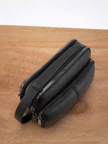 HOVI'S 多拉鍊隔層紋理PU手提包－便攜式腕包設計，大容量收納，耐用材質，適合日常/旅行使用 - 黑色 - 查看 6