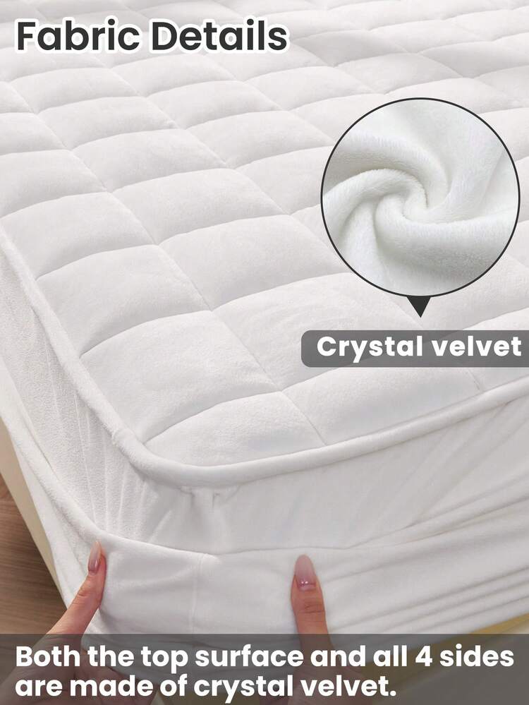 1pc Crystal Velvet Fitted Sheet, Ultra Soft Fleece Mattress Protector, Quilted Bed Cover, Bedding, Home Decor, Deep Pocket, Comfortable Home Textile, Skin-Friendly & Breathable, Suitable For Twin/Full/Queen/King Bed, Autumn/Winter Decor, Machine Washable - White - View 4