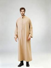 1件卡其色男士萬聖節服裝，傳統長袍套裝，阿拉伯服飾，Kosa部落，非洲傳統服飾，男士Kurta長裙，適合齋月、開齋節、婚禮及日常穿著 - 芥末黃 - 查看 8
