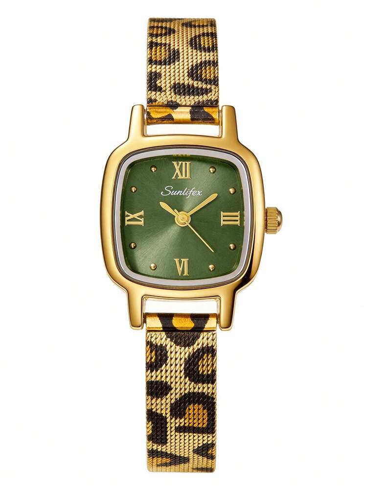 SUNLIFEX 1pc Women's Square Retro Quartz Watch, Gold Alloy Case, Gold/Green Dial, Leopard Print Metal Mesh With Light Luxury Watch, Daily Wear And Gift Giving - Green - View 8
