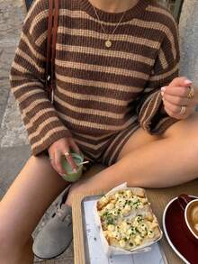 女款秋冬拼色條紋華夫格針織兩件套，長袖上衣與短褲，柔軟 Y2K 復古街頭風居家休閒服，適合度假 - 彩色 - 查看 2