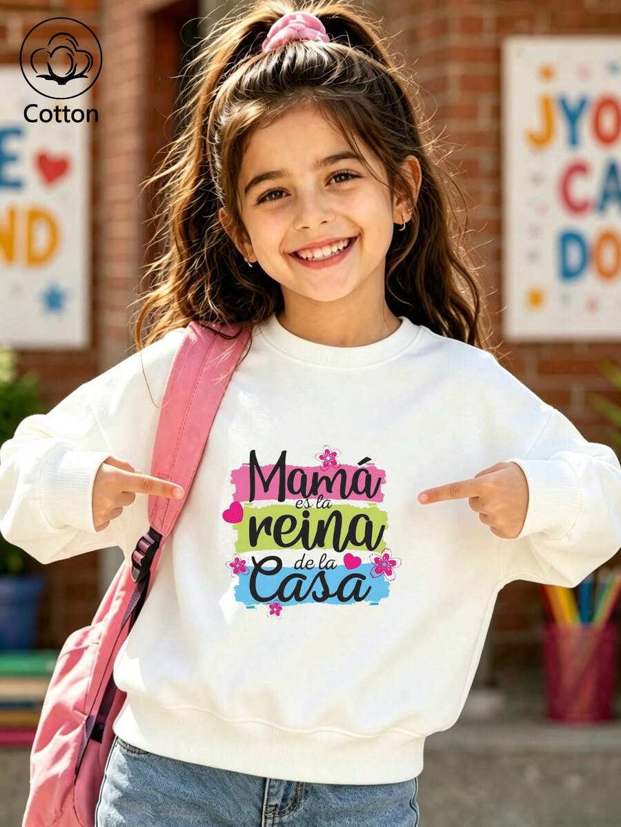 Girls' Cute Printed Drop-Shoulder Round-Neck Long-Sleeve Casual Sports Sweatshirt - White - View 1