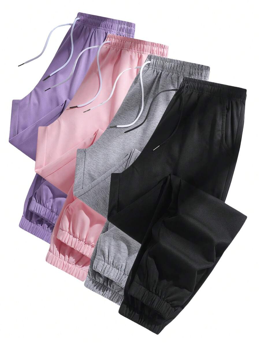 Women's Solid Color Drawstring High Waist Loose Sports Pants, Casual Elastic Cuff Joggers, Daily Workout Fitness Long Pants With Pockets - Black - View 1
