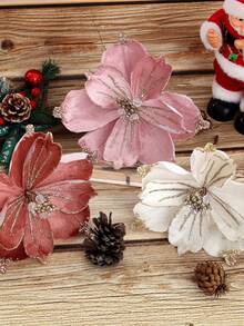 1Pc Glitter Velvet Artificial Christmas Poinsettia Flowers,Beaded Fabric Floral Picks,Decorative Flower Stems For Christmas Tree,Table Centerpiece - Multicolor - View 2