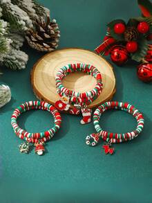 6pcs Christmas Red & Green Striped Soft Clay Elastic Bracelets With Random Christmas Metal Charms, Santa Claus, Christmas Tree, Holiday Accessories - Multicolor - View 8