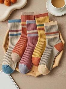 5 Pairs Women Retro Color Block Striped Mid-Calf Socks, Soft Cozy Warm Casual Socks For Fall Winter - Multicolor - View 1