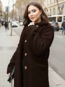 Women's Plush Button-Front Coat - Brown - View 6