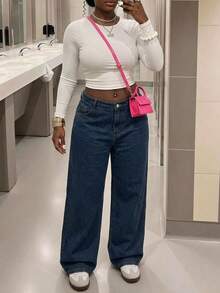 Women's Plus Size Loose Fit Denim Jeans, Long Non-Stretch Vintage Style, With Pockets And Zipper Closure, Original Color Wash Details - Blue - View 9
