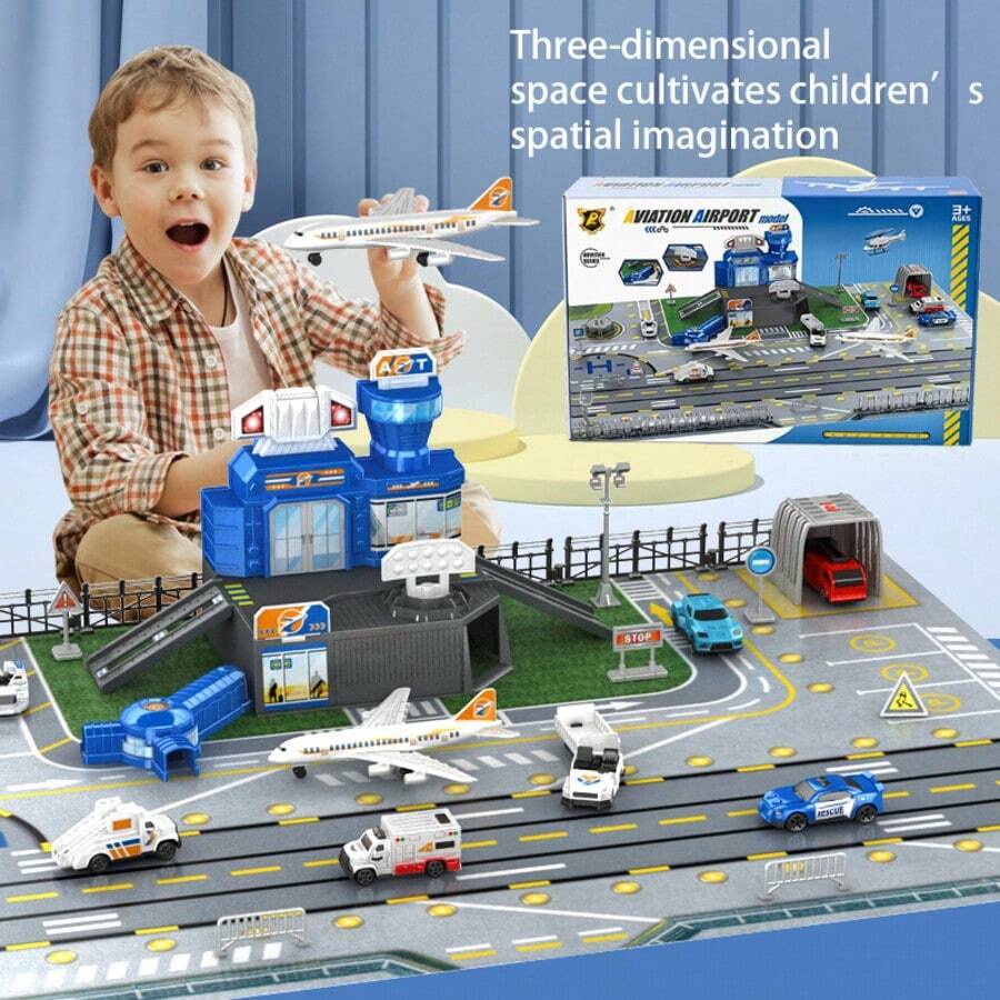 Airport Toy Set Model, Passenger Plane Airport Control Tower, Suitable For 3-6 Years Old Boys And Girls, Small Car Parking Lot Map Game Scene Set, Christmas Birthday Gift - Blue - View 1