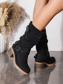 Vintage Ruched Mid-Calf Boots For Women, Chunky Heel, Thick Sole, Belt Buckle, Western Style, Wrinkled Boots, Autumn/Winter Riding Boots - Black - View 5