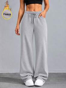 Women's Thermal Lined High Waist Wide Leg Sweatpants With Drawstring Relaxed Fit Casual Lounge Pants For Everyday Wear. - Grey - View 8