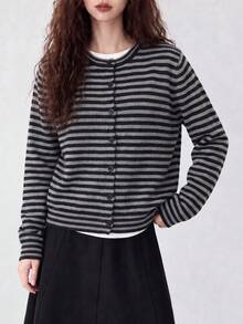 Women's Autumn/Winter Fashion Striped Knit Cardigan, Long Sleeve Round Neck Button Front Sweater, Daily Fashion Outfit - Grey-black - View 3