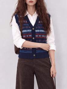 Women's Autumn/Winter Vintage Pattern V-Neck Cardigan Vest - Navy Blue - View 5