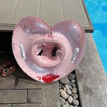 1pc Kids Heart-Shaped Inflatable Swim Seat Float, Pink Cherry Print & Glitter Transparent Dual Design, With Handles Anti-Flip Swim Ring, Children's Pool Water Swimming Training Equipment - Multicolor - View 5