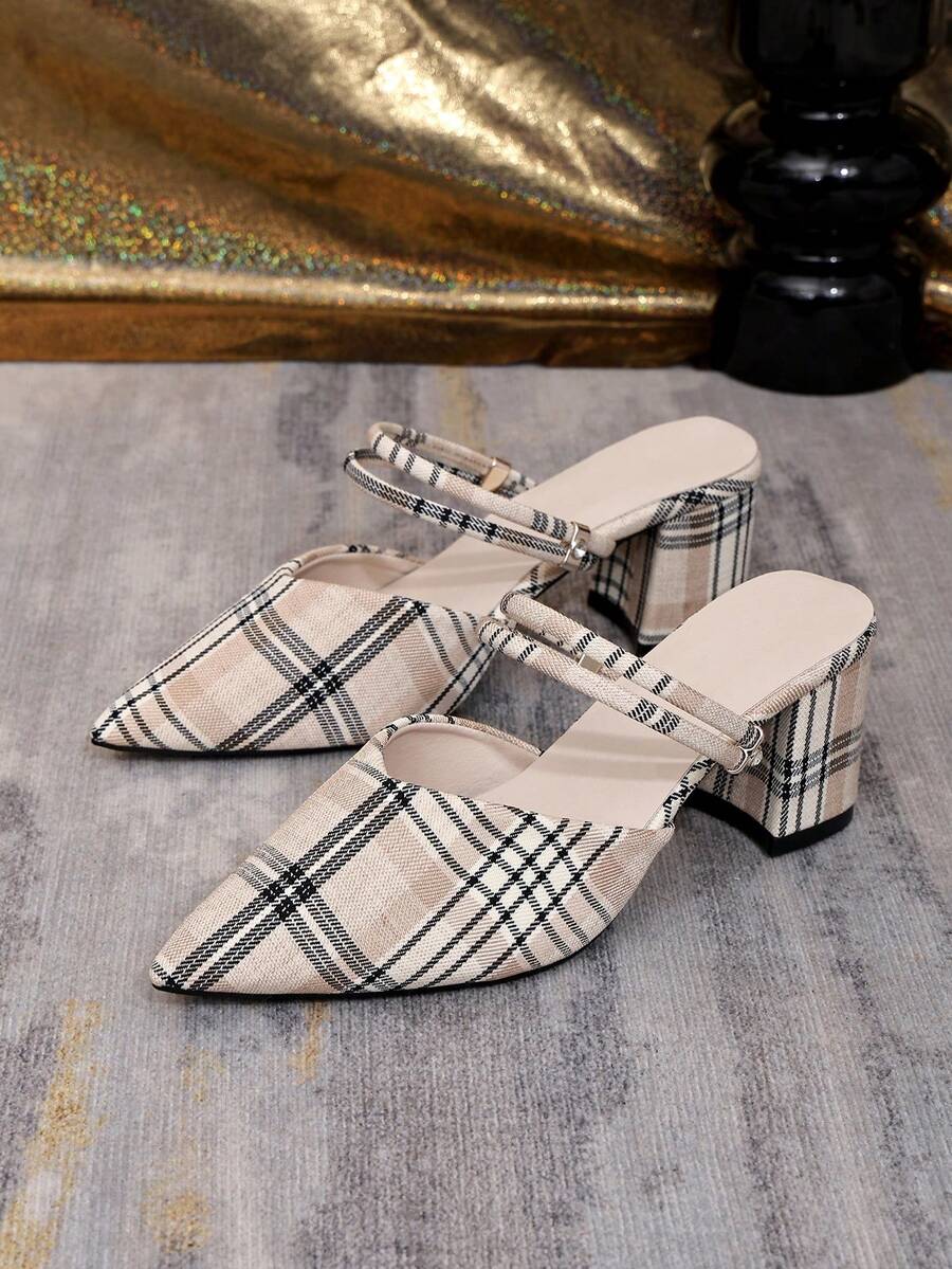 Beige Plaid Women's Pointed Toe Half-Covered High Heel Pumps, Minimalist Versatile For Daily Commute, Date And Party - Beige Plaid - View 1