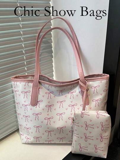 1pc Fashion Contrast Color Bow Print Shoulder Bag, Minimalist Lightweight, Multi-Pocket Design, Large Capacity, With Laptop Compartment