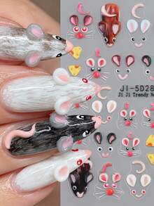 5D Embossed Cute Mouse & Cheese Nail Stickers, Cartoon Animal Self‑Adhesive Nail Decals, Kawaii DIY Manicure Nail Art Decorations - Multicolor - View 3