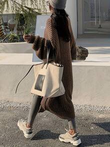 Women's Plus Size Long Sleeve Cardigan Sweater, Knitted Long Cardigan With Pockets, Autumn/Winter - Brown - View 5