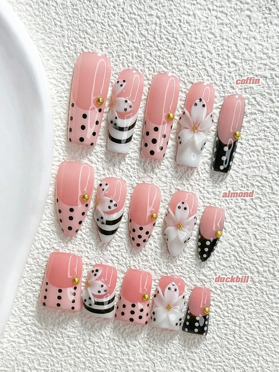 秋季 10 片裝手工壓貼式美甲貼片,波點花卉風 Polygel 美甲套組,粉色與白色指甲油,甜美俏皮風格,3 種尺寸可選,杏仁甲、鴨嘴甲、棺材甲,適用派對、舞蹈、日常穿著(手工細節可能有所不同) - 彩色 - 查看 1
