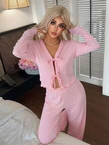 Women's Pink 2Pcs Pajama Set Ruffle-Trimmed Tie-Front Long-Sleeve Top & Wide-Leg Pants Heart Jacquard Knit Cute Loungewear Sleepwear Valentine's Day - Pink - View 3