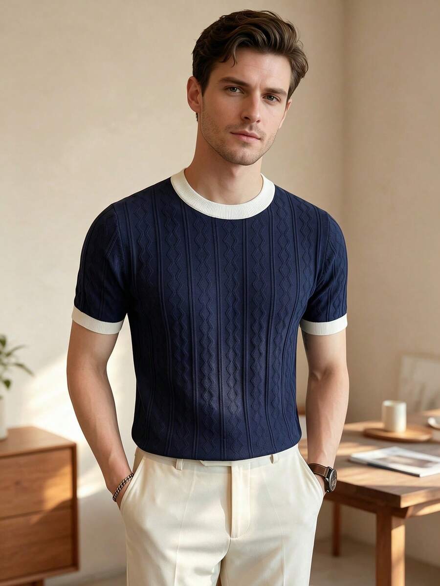 ALTZTAR Men's Crew Neck Textured Jacquard Short Sleeve Casual Commute Knit Sweater - Navy Blue - View 1