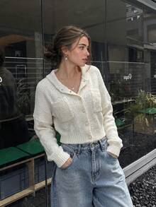 Women's Round Neck Cable Knit Short Pullover, Dropped Shoulder Long Sleeve Casual Sweater With Patch Pockets - White - View 1