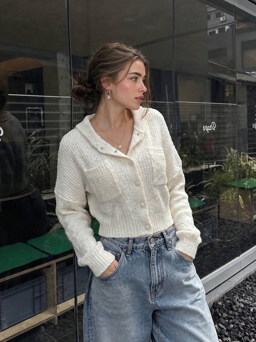 Women's Round Neck Cable Knit Short Pullover, Dropped Shoulder Long Sleeve Casual Sweater With Patch Pockets - White - View 1