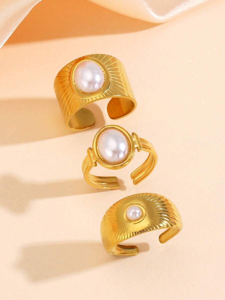 3pcs 18k Gold Plated Stainless Steel Vintage Sun Pattern Pearl Open Rings For Women - Gold - View 1