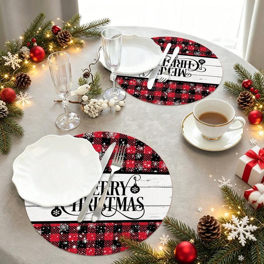 2pcs/4pcs/6pcs/8pcs Christmas Pattern Happy Holiday Kitchen Dining Table Placemats Round Table Mats Round Tablecloth Holiday Tabletop Decoration 13.7in X 13.7in Seasonal Home Decor Round Design Holiday Decoration Thickened Linen Material - Multicolor - View 1