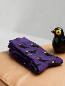 1 Pair Purple Crow Cartoon Jacquard Women's Mid-Calf Socks, Personalized Dark Style Fun Mid-Calf Socks, Halloween Outfit Socks - Multicolor - View 6