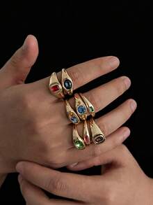 8 buah Cincin Emas Batu Permata Berwarna-warni Bertekstur Vintage, Cincin Pita Lebar Bergaya Antik dengan Rhinestone Berwarna-warni, Aksesori Perhiasan Tangan Unisex yang Dapat Ditumpuk dan Dipersonalisasi - Emas - View 3