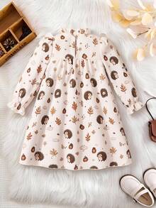 Gaun Anak Perempuan Bergaya Pastoral dengan Motif Landak dan Daun, Kerah Berkerut, Pita Besar, Lengan Panjang, Lengan Mengembang Kasual, Potongan Longgar - Coklat - View 6