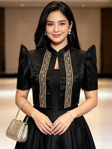 現代菲律賓風上衣 蝴蝶袖 Filipiniana 女款優雅印花泡泡短袖上衣 - 黑色 - 查看 1