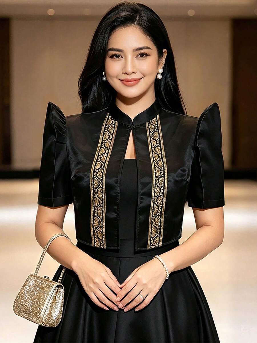 現代菲律賓風上衣 蝴蝶袖 Filipiniana 女款優雅印花泡泡短袖上衣 - 黑色 - 查看 1
