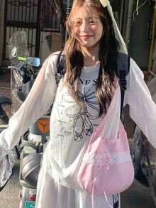 開學季韓系INS風休閒百搭粉色蝴蝶結可愛甜美少女風可折疊單肩圓肩包，適合外出 - 粉色 - 查看 2