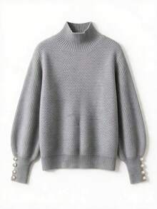 Women's Fall Winter Heather Gray Waffle Knit Mock Turtleneck Lantern Sleeve Pearl Button Cuff Oversized Sweater, Elegant Casual Daily Office Wear - Grey - View 8