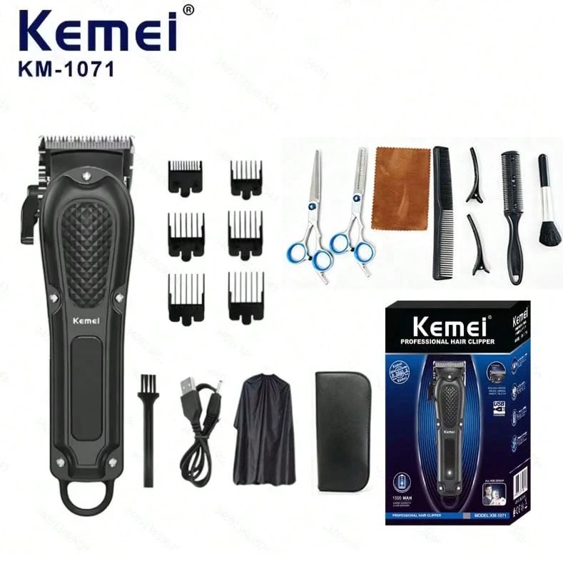 Kemei KM-1071 Professional Hair Clipper Set With Barber Cape, USB Rechargeable Cordless Hair Trimmer, Stainless Steel Blade, Home And Salon Hair Cutting Tool Kit - Black - View 1