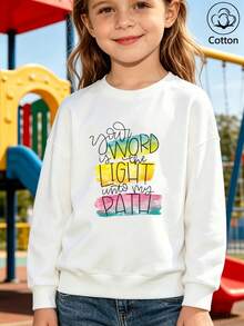 Children's Casual Crew-Neck Sweatshirt, Long-Sleeve Crew-Neck Sweatshirt With Gradient Artistic Lettering Print - White - View 9