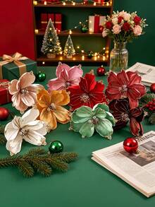 1Pc Glitter Velvet Artificial Christmas Poinsettia Flowers,Beaded Fabric Floral Picks,Decorative Flower Stems For Christmas Tree,Table Centerpiece - Multicolor - View 10