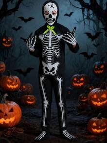 4pcs Boys' Glow-In-The-Dark Horror Bowknot, Skeleton Jumpsuit Costume For Halloween Cosplay Party Performance - Multicolor - View 5
