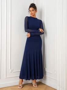 PARTHEA Women's Elegant Deep Blue Mesh Stand Collar Long Sleeve Mermaid Evening Gown, Suitable For Wedding Guests - Navy Blue - View 3