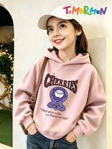 TOMARMON Cartoon Print Drop Shoulder Long Sleeve Casual Daily Tween Girl Pullover Sweatshirt Top - Pink - View 1
