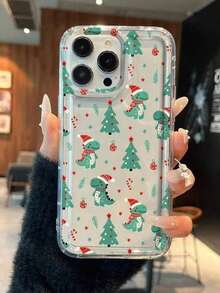 1 buah Casing Ponsel TPU Transparan Motif Dinosaurus Hijau dengan Topi Santa dan Pohon Natal, Kompatibel dengan iPhone 18 Pro Max 17 Pro Max 16 Pro Max 15 Pro Max 14 Pro Max & 11/12/13/14/15/16/17/18 Pro/Plus - MultiWarna - View 1