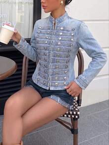 Women Y2K Vintage Washed Cropped Denim Jacket, Stand Collar Multi Buttons Military Style Short Jean Coat - Blue - View 9