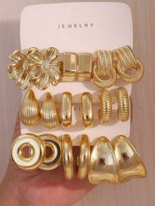 2-6-18PCS Heavy‑Duty Gold Multi‑Style Earring Set Retro Geometric Flower Shell Shield Earrings For Daily Party - Gold - View 1