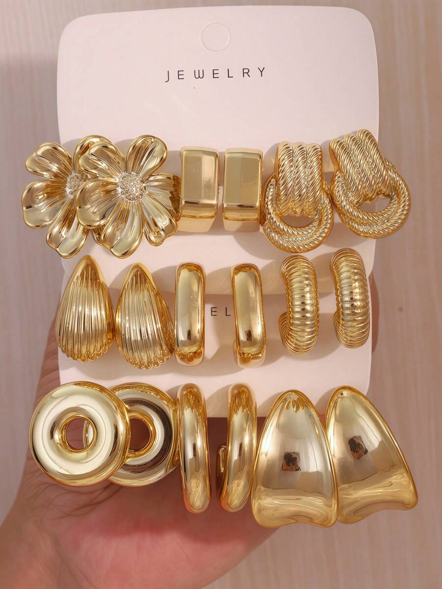 2-6-18PCS Heavy‑Duty Gold Multi‑Style Earring Set Retro Geometric Flower Shell Shield Earrings For Daily Party - Gold - View 1