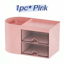 1pc Cosmetic Storage Box, Desk Organizer With 2 Drawers, Desktop Pen And Card Holder, Suitable For Desk, Office Supplies, Office, Home, School - Multicolor - View 12
