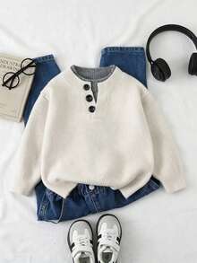 Sweater Pullover Rajut Tebal Longgar Leher Bulat Gaya Eropa & Amerika Modis untuk Anak Laki-laki, Logo Bordir Hijau, Atasan Rajut Serbaguna - Grey - View 1