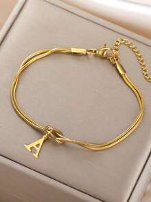 1pc Minimalist Niche Gold Knotted Double Layer A-Z Letter Pendant Bracelet For Women, Suitable For Delicate Daily Wear And Gift Giving - Multicolor - View 2