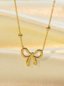 1pc Minimalist Gold Bow Pendant Necklace, Niche Polished Round Bead Collarbone Chain, Versatile Delicate Neck Accessory For Daily Commute - Gold - View 4